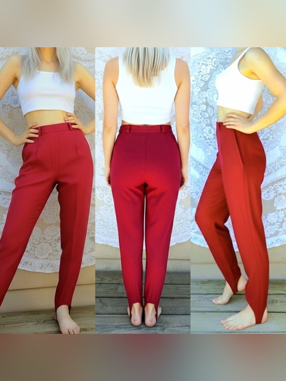 Vtg 80s AJ red sexy pleated side zip high waist leggings stirrup pants 4-6 NWOT